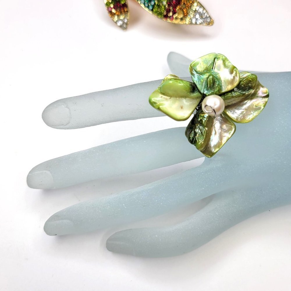 Lime Green Sea Shell Freshwater Pearl Bead Asymmetric Flower Adjustable Ring